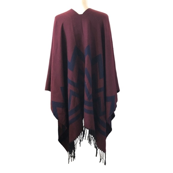 RAJ Poncho Wrap Women's Size O/S Burgundy Navy Chevron Ruana Open Front Western - Picture 3 of 8